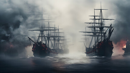 Obraz premium Front view of a pirate ship fleet piercing through the fog,Generative Ai.