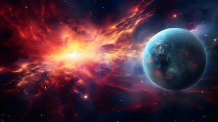 Galactic Space Planet with a Flaming Colorful Nebula,Generative Ai.