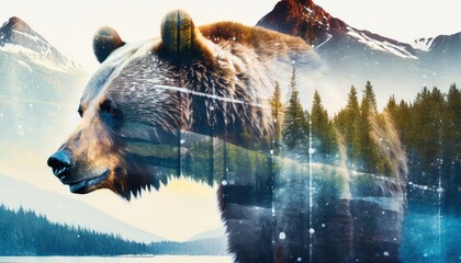 A grizzly bear and the Pacific Northwest, double exposure style photography - obrazy, fototapety, plakaty