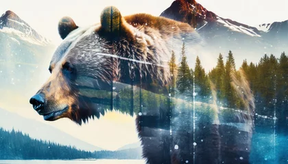 Foto op Aluminium A grizzly bear and the Pacific Northwest, double exposure style photography © Marko