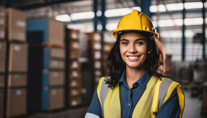 Latino engineer woman in factory or warehouse, copyspace - obrazy, fototapety, plakaty
