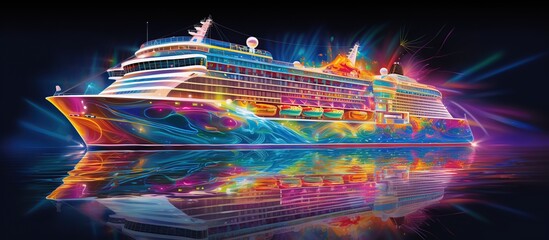 Colorful neon hologram cruise ship drawing style. AI generated image