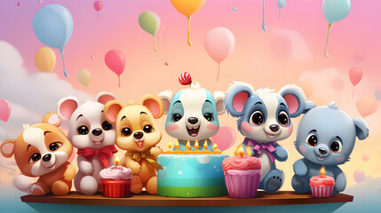 Happy birthday background with cartoon animals character,generated Ai.