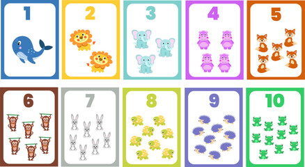Printable card with animals. Collection of cards with numbers from 1 to 10 for children, kindergarten, preschool education or leisure, resources for teachers, games