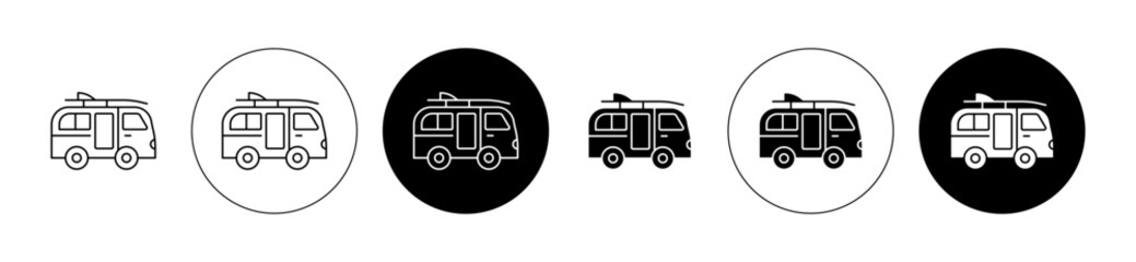 Camper minibus vector set. Surfing bus symbol in black color.