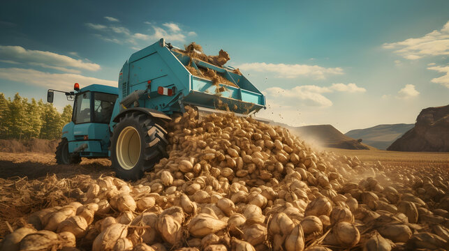 Harvesting potatoes with a combine harvester. Farm machinery harvesting potatoes,generated Ai.