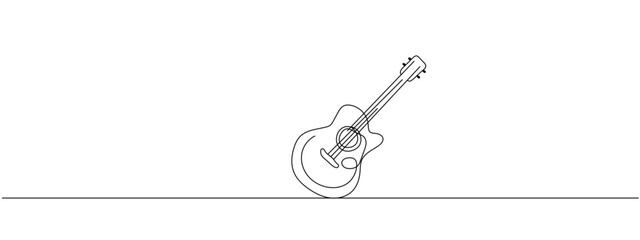 One single line drawing of wooden classic acoustic guitar. Modern stringed music instruments concept continuous line draw design vector illustration graphic - obrazy, fototapety, plakaty