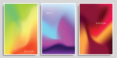 Fototapeta na wymiar Liquid and wavy blurred gradient mesh background template copy space set. Colorful fluid color gradation backdrop. Smooth and sift vibrant design for poster, banner, leaflet, flyer, or catalog.