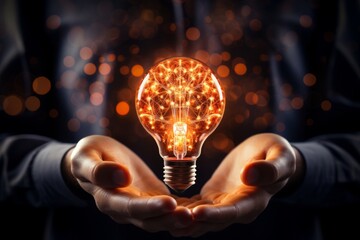 Innovative solution concepts with electric bulb in hand and dynamic infographics background