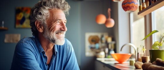 Cheerful Senior Man looking out of window in the Living Room with Artistic Renovation - obrazy, fototapety, plakaty