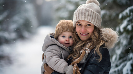 A joyful moment of a smiling woman warmly dressed in winter clothing, holding a cheerful young child, both enjoying a snowy day outdoors.
