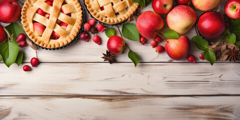 Blush apple classic pie surrounded by cinnamon sticks and apples on white wooden table background with copy space. 