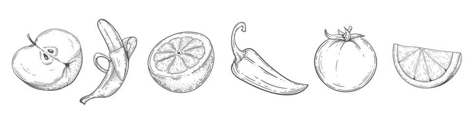 Set of drawn fruits and vegetables. Apple, lemon, banana, pepper Vector illustration. Vegan food.