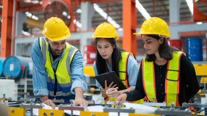 Team of professional workers in industrial warehouse Emphasis on discussion and discussion in the warehouse. teamwork concept	