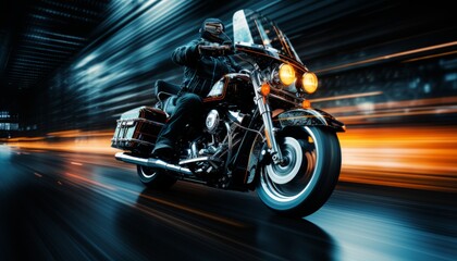 Obraz premium Adventurous motorcyclist embarking on a thrilling journey with captivating motion blur background