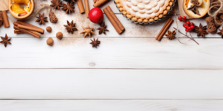 Blush apple classic pie surrounded by cinnamon sticks and apples on white wooden table background with copy space.  