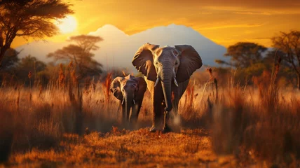 Foto op Aluminium African elephant family in front of the stunning savanna sky at sunset © senadesign