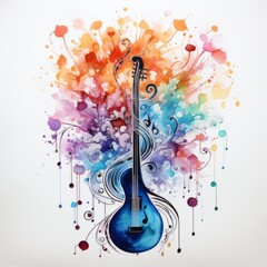 Illustration of music symbols, instruments and notes in colorful watercolors