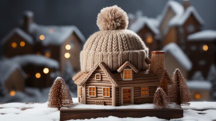 Miniature house with knitted hat as an energy-saving concept and for insulation and insulation concepts - Powered by Adobe