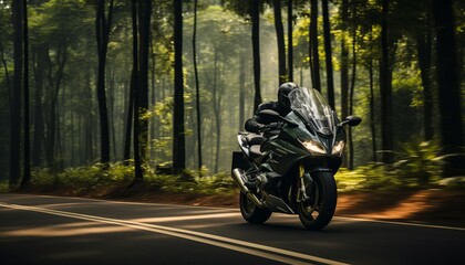 Obraz premium Adventurous motorcyclist embarking on a scenic tour with dynamic motion effect background
