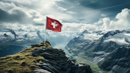 Fotobehang Majestic swiss mountain range with the iconic flag of switzerland waving proudly in the foreground © Ilja