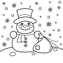 Christmas coloring page with a cute snowman. Vector black and white stock illustration. Funny line icon.