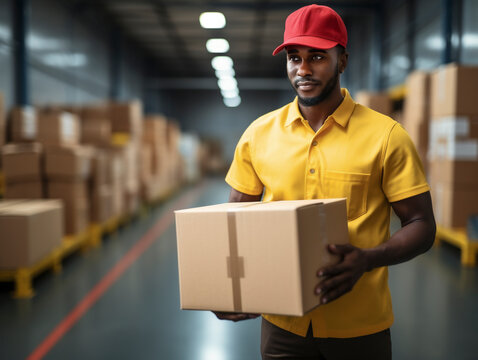 Postman parcel delivery man sorts packages in a warehouse, AI generated