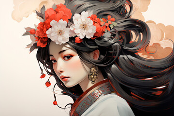A beautiful geisha with flowers in her hair. Generative AI