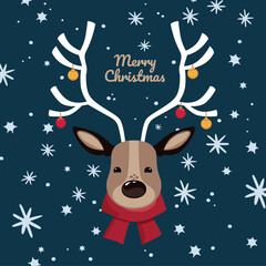 Christmas greeting card. Сute deer flat vector illustration. Baner with deer and snowflakes