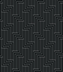 Seamless repeating pattern with interlocking white zigzag thin lines on a black background. Abstract geometric grid. Striped ornament with a modern design. Vector illustration.