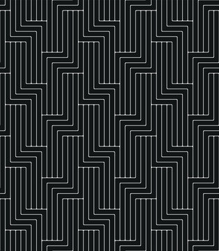 Seamless repeating pattern with interlocking white zigzag thin lines on a black background. Abstract geometric grid. Striped ornament with a modern design. Vector illustration.