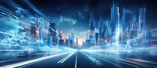 Fototapeta premium In the abstract cityscape the vibrant blue lights illuminate the modern buildings creating a captivating background as the car speeds through the streets on a holiday travel admiring the stu