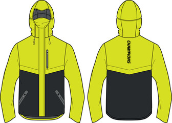 Hiker Anorak Hoodie jacket design flat sketch Illustration, Hiking Hooded utility jacket with front and back view, winter jacket for Men and women. for running, outerwear and workout in winter © JERZEY DESINZ