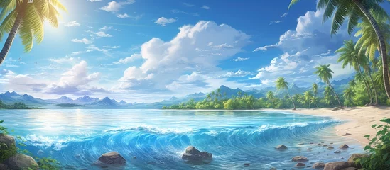 Foto op Canvas In the background of a stunning summer landscape the azure blue ocean sparkles under the radiant sun creating a breathtaking scene where the water meets the sky embellished by fluffy white  © TheWaterMeloonProjec