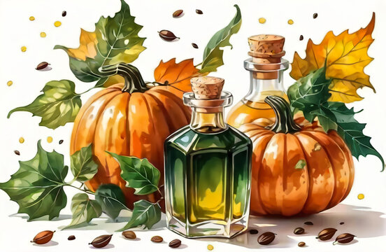 Pumpkin oil in a glass bottle. The product is made from pumpkin seeds. Made in watercolor style. White background. AI