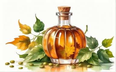 Pumpkin oil in a glass bottle. The product is made from pumpkin seeds. Made in watercolor style. White background. AI