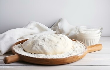 dough and flour cooking on white wooden plate on white wooden table soft light