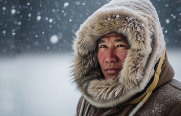 Eskimo portrait wearing coat in snow storm with copy space  - obrazy, fototapety, plakaty