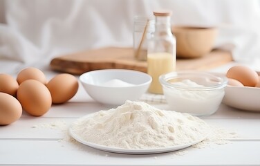 Fototapeta na wymiar dough, eggs and flour cooking on white wooden plate on white wooden table soft light