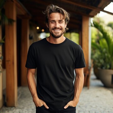 A handsome model wearing blank empty t-shirt for mockup