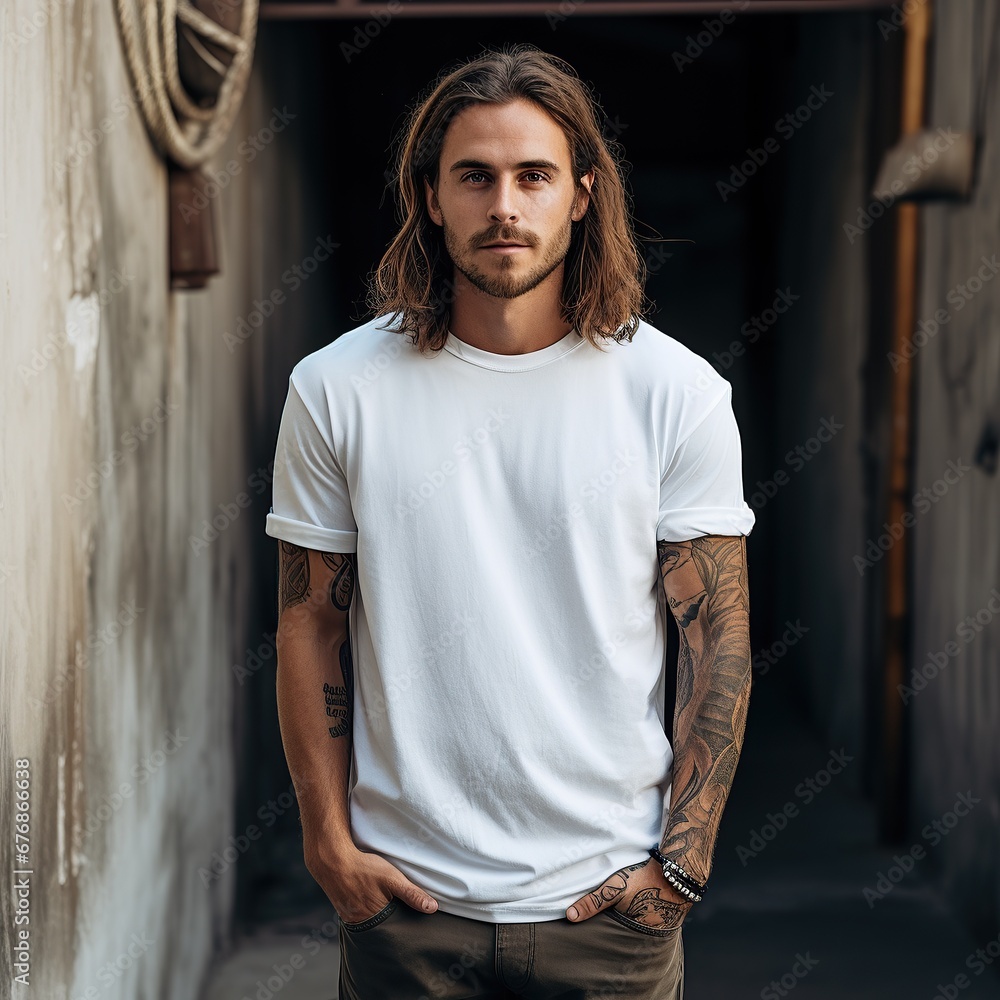 Wall mural a handsome model wearing blank empty t-shirt for mockup