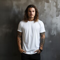 A handsome model wearing blank empty t-shirt for mockup - obrazy, fototapety, plakaty