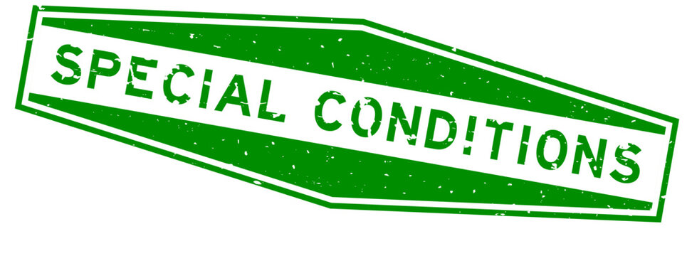 Grunge green special conditions word hexagon rubber seal stamp on white background