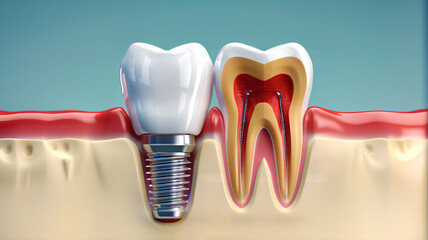 
Dental implant - illustration of a tooth. Dentistry theme depicted through a graphic representation of a dental implant, Generative AI.
