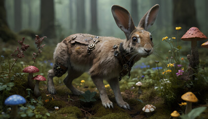 Cute rabbit with large ears and expressive eyes lying on a bed, Generative AI.

