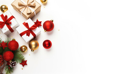 Christmas baubles, intricately wrapped gifts, and shimmering beads scattered on a pristine white background.