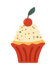 Sweet cupcake with cream, colored sprinkles and cherry in flat style