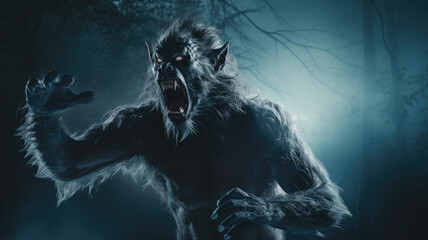 Obraz na płótnie Canvas An angry werewolf in an aggressive stance with fangs exposed, set against a dark forest backdrop.