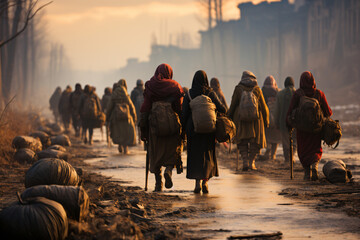 war refugees march while leaving their homeland - obrazy, fototapety, plakaty