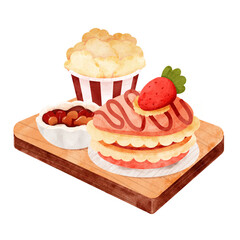 PNG hand draw of fast food set and drinks in watercolor style , dessert set and coffee in wood plate 